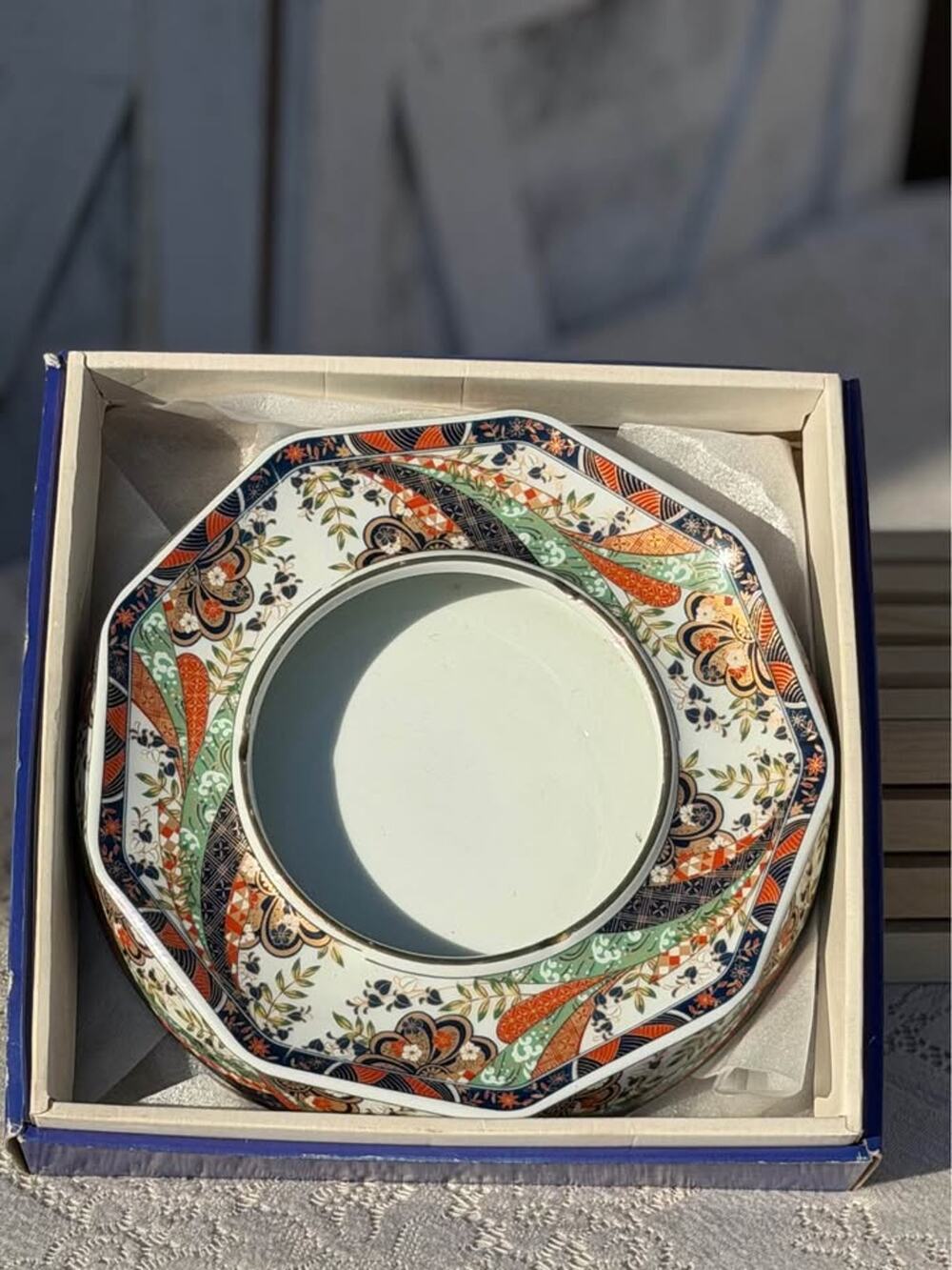 Vintage Japanese Imari Porcelain Ashtray Shohogama Kiln Original Box Cobalt Gold